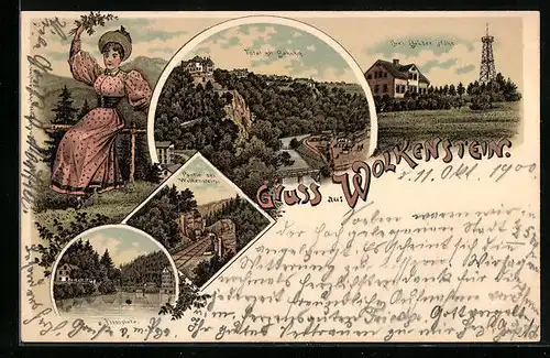 Lithographie Wolkenstein, Gasthaus Drei Brüder Höhe, Totalansicht mit Bahnhof, Flossplatz