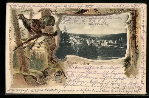 Passepartout-Lithographie Friedenweiler, Ortsansicht, Auerhahn