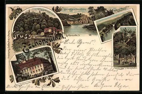 Lithographie Lichtenwalde /Zschopauthal, Schloss, Harrasfelsen mit Körnerkreuz, Harras-Eiche