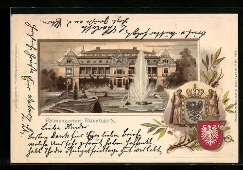 Passepartout-Lithographie Frankfurt-Westend, Palmengarten, Wappen mit Lorbeer