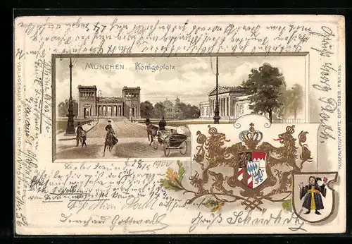 Passepartout-Lithographie München, Königsplatz mit Kutsche, Wappen, Kindl