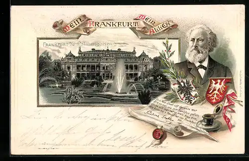 Passepartout-Lithographie Frankfurt a. M., Palmengarten, Portrait Friedrich Stolze, Wappen