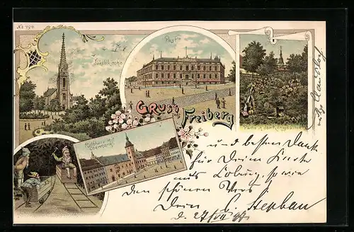 Lithographie Freiberg, Post, Rathaus mit Obermarkt, Königsallee