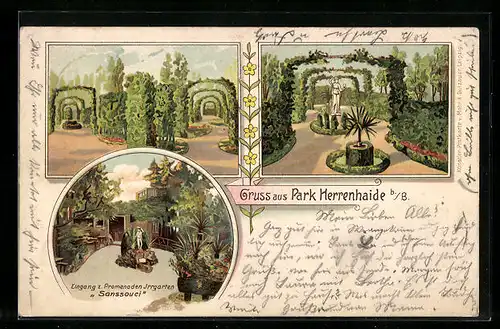 Lithographie Herrenhaide b. B., Park Herrenhaide, Ansichten mit Eingang zum Irrgarten Sanssouci