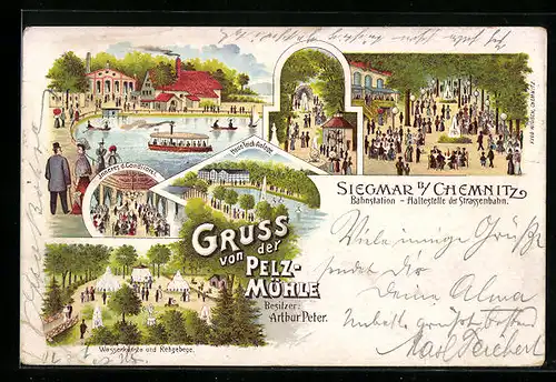 Lithographie Siegmar bei Chemnitz, Gaststätte Pelzmühle A. Peter mit Teichanlage, Promenade, Wasserkunst und Rehgehege