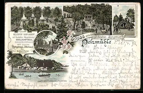 Lithographie Siegmar bei Chemnitz, Gaststätte Pelzmühle A. Peter mit Dampf-Boot und Garten