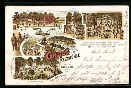 Lithographie Siegmar bei Chemnitz, Gaststätte Pelzmühle A. Peter mit Garten- und Innenansicht, Dampfer