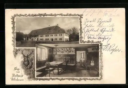 Passepartout-AK Grünwald, Gasthof Forsthaus Wörnbrunn, Genäude- und Innenansicht