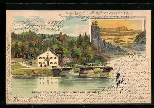 Lithographie Schäftlarn /Isarthal, Gasthof Brückenfischer mit Brücke, Blick auf die Zugspitze