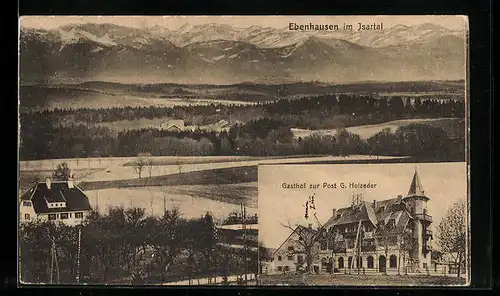 AK Ebenhausen /Isartal, Gasthof zur Post G. Holzeder, Umgebungsansicht mit Bergpanorama
