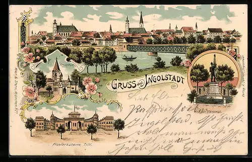 Lithographie Ingolstadt, Pionierkaserne Tilli, Stadtpanorama mit Brücke