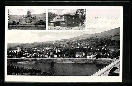 AK Mehring a. d. Mosel, Kriegerdenkmal, Blockhaus der H. J., Ortsansicht aus der Vogelschau