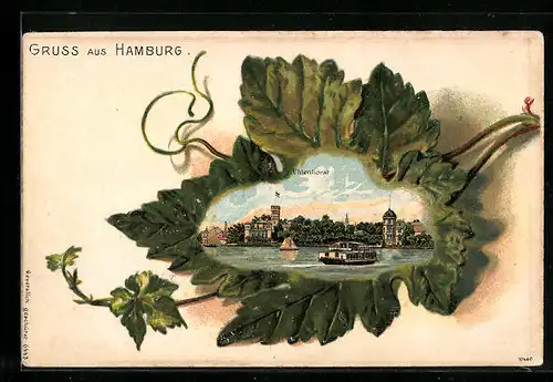 Passepartout-Lithographie Hamburg, Blick auf Uhlenhorst, Efeublatt