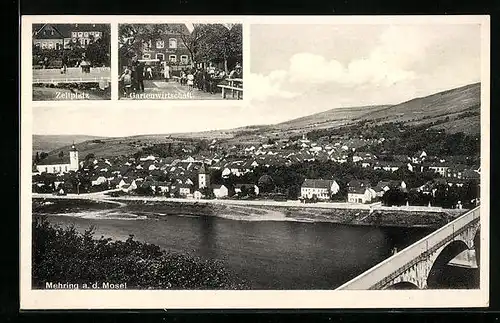 AK Mehring a. d. Mosel, Zeltplatz, Gasthaus Moseltal, Inh. Franz Bach, Ortsansicht aus der Vogelschau