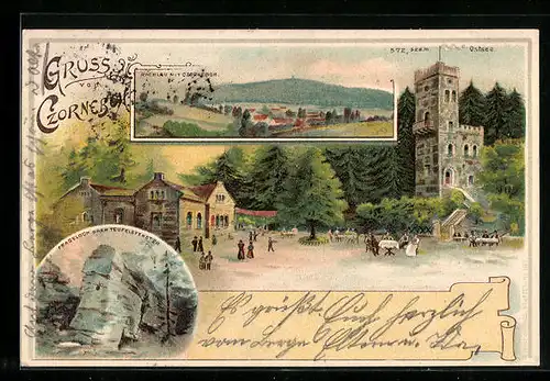 Lithographie Czorneboh, Frageloch oder Teufelsfenster, Rachlau m. Czorneboh, Ortspartie