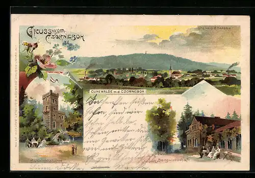 Lithographie Czorneboh, Bergwirtschaft, Aussichtsturm, Cunewalde m. d. Czorneboh