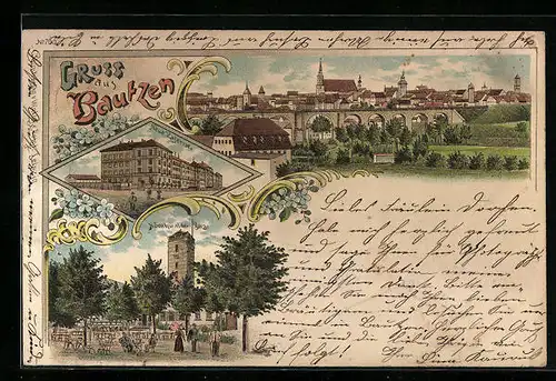 Lithographie Bautzen, Neue Kaserne, Mönchwalder Berg, Ortsansicht aus der Vogelschau