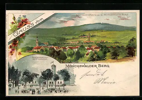 Lithographie Wilthen, Bergwirtschaft, Inh. E. Gröschel, Panorama v. Postwitz m. Mönchswalder Berg