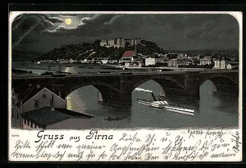 Mondschein-Lithographie Pirna, Uferpartie mit Brücke