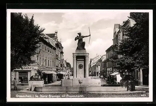 AK Grossenhain i. Sa., Diana-Brunnen mit Frauenmarkt