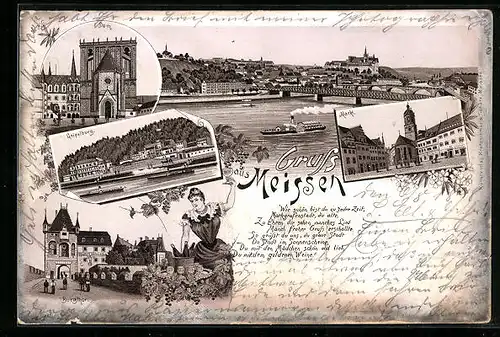 Lithographie Meissen, Dom, Geipelburg, Burgthor, Markt, Ortsansicht aus der Vogelschau