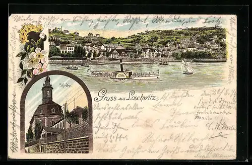 Lithographie Dresden-Loschwitz, Kirche, Ortsansicht vom Ufer aus