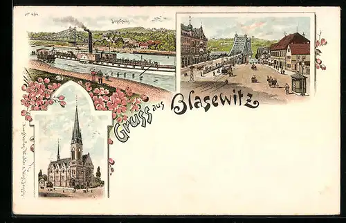 Lithographie Dresden-Blasewitz, Kirche, Strassenpartie mit Brücke, Uferpartie