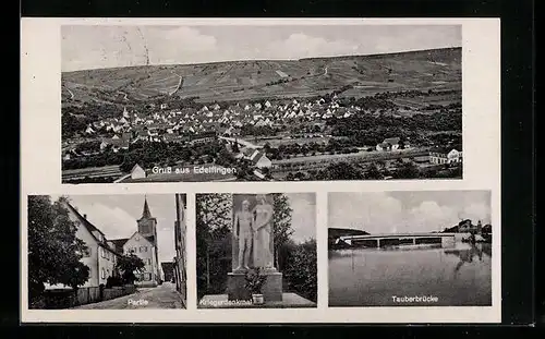 AK Edelfingen, Tauberbrücke, Kriegerdenkmal, Strassenpartie, Gesamtansicht aus der Vogelschau