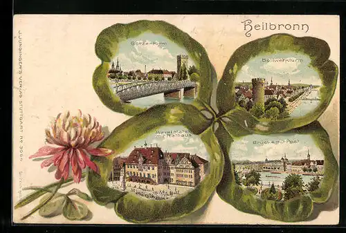 Passepartout-Lithographie Heilbronn, Götzenturm, Bollwerkturm, Brücke mit Post, Marktplatz mit Rathaus, Glücksklee