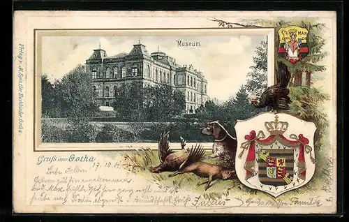 Passepartout-Lithographie Gotha, Blick auf Museum, Wappen, Jagdszene, Hund, Hase, Rebhuhn