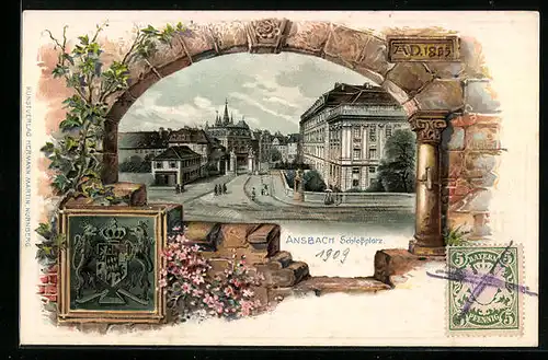 Passepartout-Lithographie Ansbach, Partie am Schlossplatz, 1865, Wappen