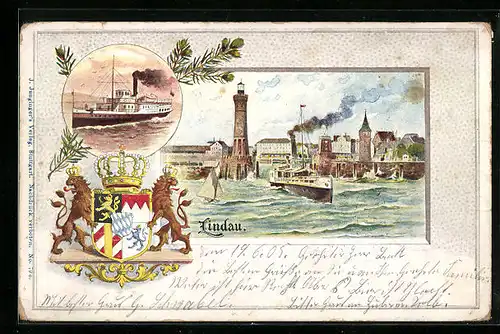 Passepartout-Lithographie Lindau, Partie am Hafen, Dampfschiff, Wappen