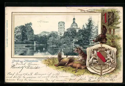 Passepartout-Lithographie Mannheim, Parthie a. d. Stadtpark, Wappen, Jagdszene, Hund, Hase, Rebhuhn