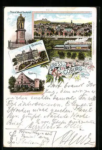 Lithographie Coburg, Prinz Albert Denkmal, Ehrenburg, Rosenau, Ortsansicht aus der Vogelschau