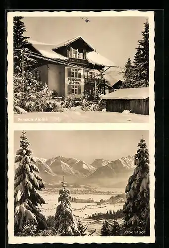 AK Oberstdorf /bayr. Allgäu, Pension Alpina im Winter, Bes. W. G. Schäfer, Gesamtansicht aus der Vogelschau