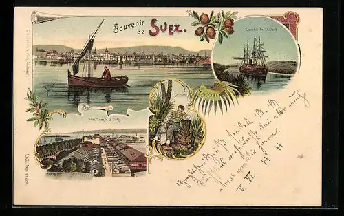 Lithographie Suez, Port-Tewfik, Costume, Courbe de Chalouf, Panorama