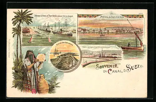 Lithographie Suez, Bateaux arretes a Port Said a cause de la drague, Panorama de Suez et de Jocka, Entree des lacs amers