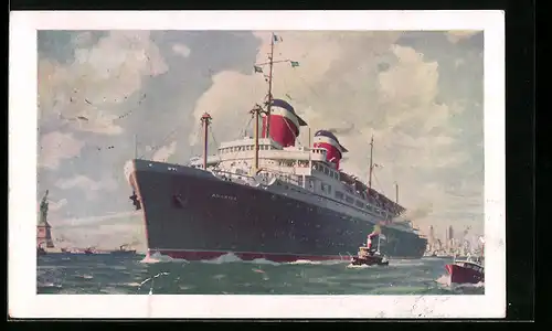 Künstler-AK Passagierschiff S. S. America im Hafen von New York, die Freiheitsstatue