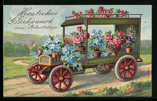 Präge-Lithographie Auto mit Blumenschmuck aus Veilchen und Rosen