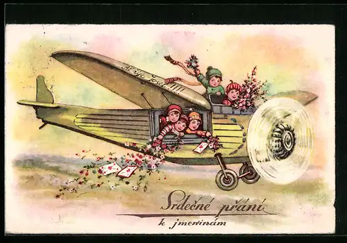 Künstler-AK Kinder werden Post und Blumen aus dem Flugzeug