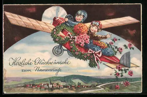 Künstler-AK Blumenbomber wirft seine Fracht ab, Namenstag