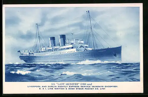 AK Passagierschiff S. S. Lady Munster auf hoher See