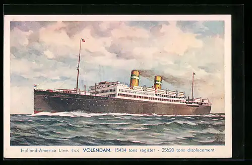 Künstler-AK Passagierschiff TSS Volendam der Holland-Amerika Linie in Fahrt