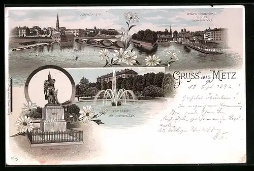 Lithographie Metz, Jungfernwehr, Ney-Denkmal und Esplanade mit Justizpalast
