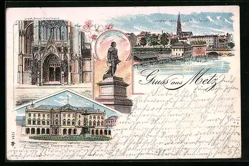 Lithographie Metz, Dom, Neues Hauptportal, Jungfernwehr, Theaterplatz
