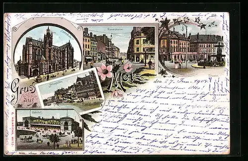 Lithographie Metz, Römerstrasse, Cathedrale und Felsenbäder