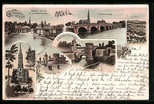 Lithographie Metz, Todtenbrücke, Garnisonkirche und das Deutsche Thor