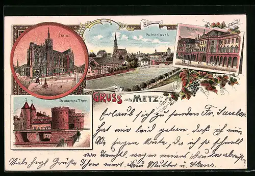 Lithographie Metz, Pulverinsel, Dom und Theater