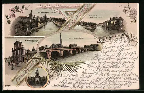 Lithographie Metz, Garten und Moreaubrücke, St. Marcelenbrücke