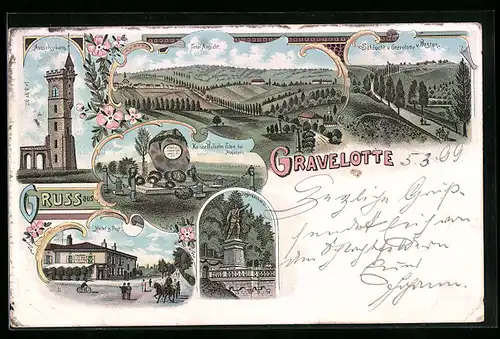 Lithographie Gravelotte, Kaiser Wilhelm Stein, Aussichtsturm und Hotel z. Post